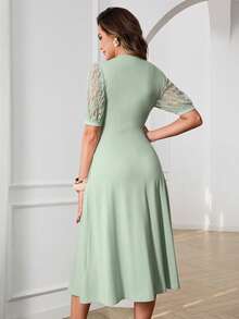 Miaspire 女士优雅撞色蕾丝插肩袖连衣裙，夏季度假装扮，春夏连衣裙，及膝连衣裙，外出连衣裙 - 綠色 - 查看 3