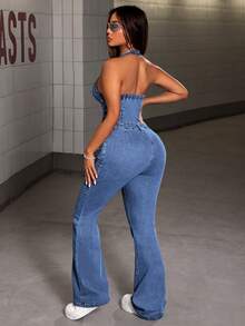 SHEIN Tall Mono de mezclilla con pierna acampanada y lazo en la cintura para mujer - Azul - Ver 2