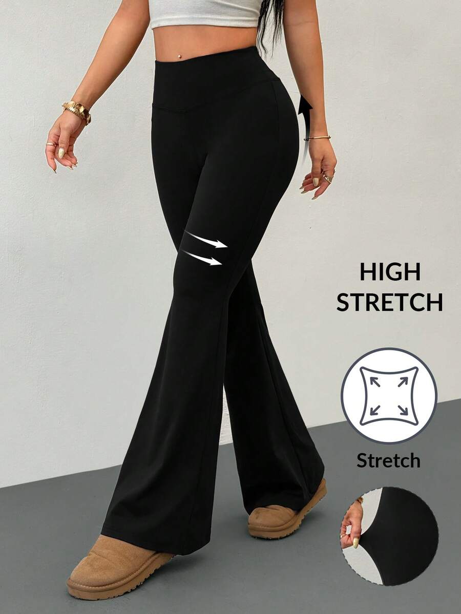 SHEIN PETITE 女士高腰弹力瑜伽裤，塑身健身紧身裤 - 黑色 - 查看 1