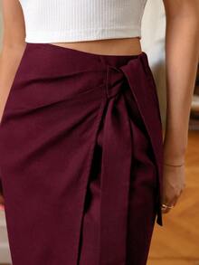 Poéselle 女士纯色侧打结裹身优雅半身裙 - 酒紅色 - 查看 7