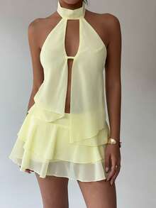 Aloruh Women's Pale Yellow Chiffon 2 Pieces Set Solid Hollow Asymmetric Hem Tank Top And Mini Skirt,Summer Tropical Holiday Vacation Boho Beach Outfits - Yellow - View 7
