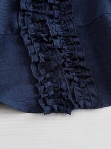 GlowEve Woven Linen-Like Fabric V-Neck Ruffle Trim Waist Shirt, Elegant Commuter Blouse, Vacation Outfits For Women - Navy Blue - View 5