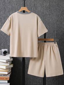 2pcs Tween Boy Casual College Contrast Color Crew Neck Pullover Short Sleeve T-Shirt & Shorts Set Khaki Suitable For Commuting School Outings Sports Holiday Party Vacation Spring Summer - Multicolor - View 6