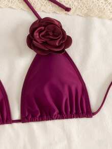 Swim SXY Bộ bikini trơn màu biển Swim Chic với bèo nhún bất đối xứng, họa tiết hoa 3D và chân váy lưới. - Màu Đỏ Sâu - Xem 8