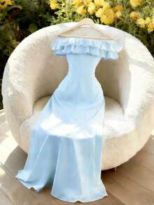 Franclia Women's New Ruffle Off-Shoulder Gathered Waist Elegant Slim Fit Long Dress Powder Blue Dress Sky Blue Dress Baby Blue Blue Satin Dress - Blue - View 2
