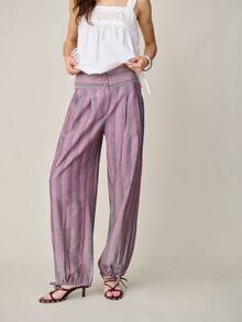 Nöista 条纹灯笼裤采用高腰设计，配有同色布料折叠纽扣、前口袋和可调节抽绳裤脚。适合春季、夏季休闲穿着，女士款。 - 粉色 - 查看 3