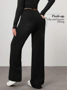 Flexra Petite Solid Color Elastic Waist Casual Versatile Jeans Custom-Designed For Petites. A Perfect Fit For The 150-160cm Build - Black - View 2