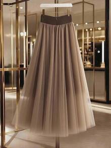 SHEIN PETITE CURVE 大码女式网纱拼接纽扣装饰优雅休闲通勤裙 - 卡其色 - 查看 2