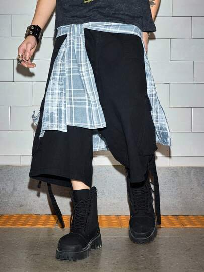 ROMWE MEN Street Life Men's Fashionable Plaid Patchwork Layered Denim Shorts