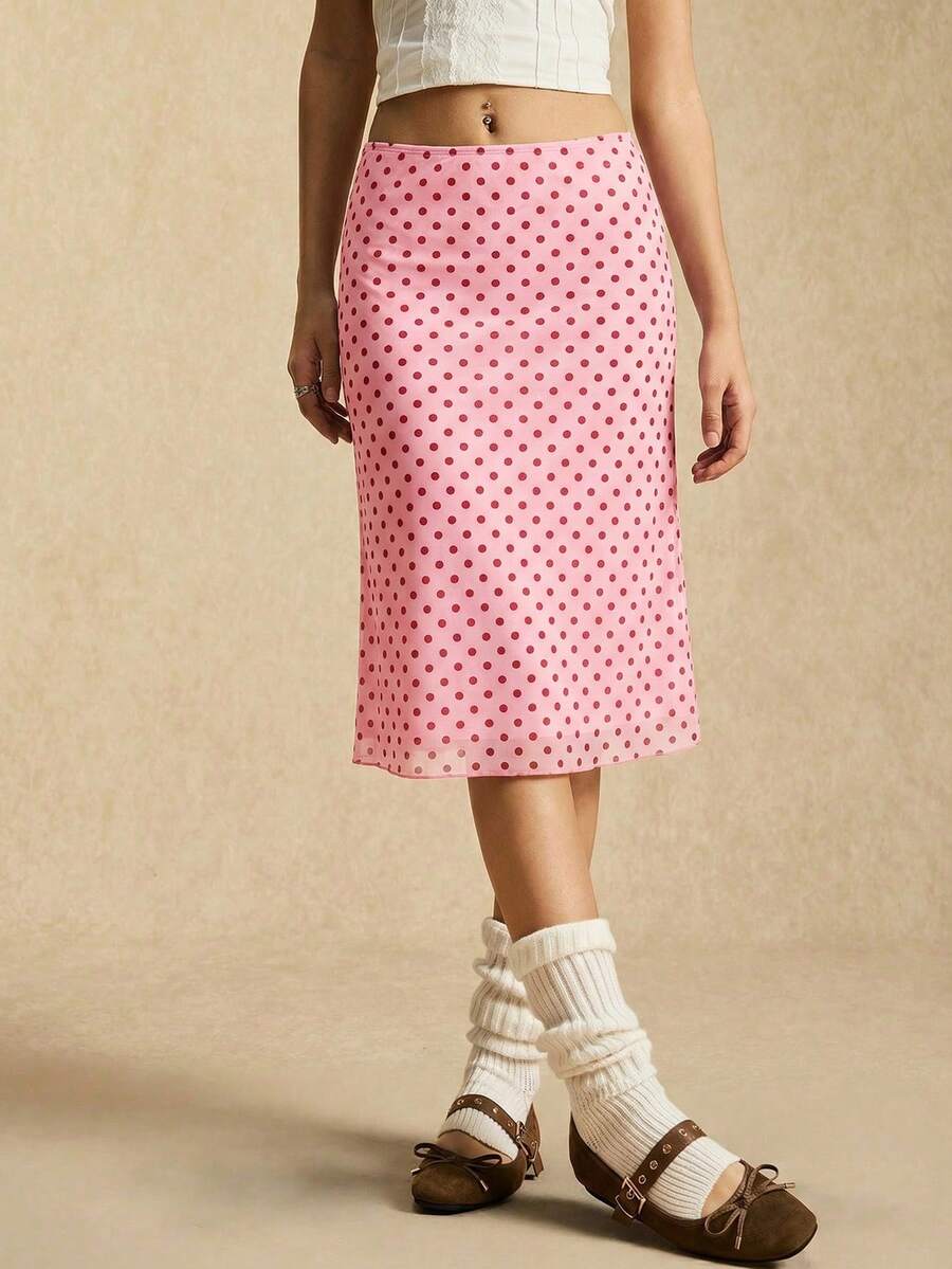 Easelle 2026春夏波点网纱半身裙，粉色系网纱，复古休闲风 - 粉色 - 查看 1