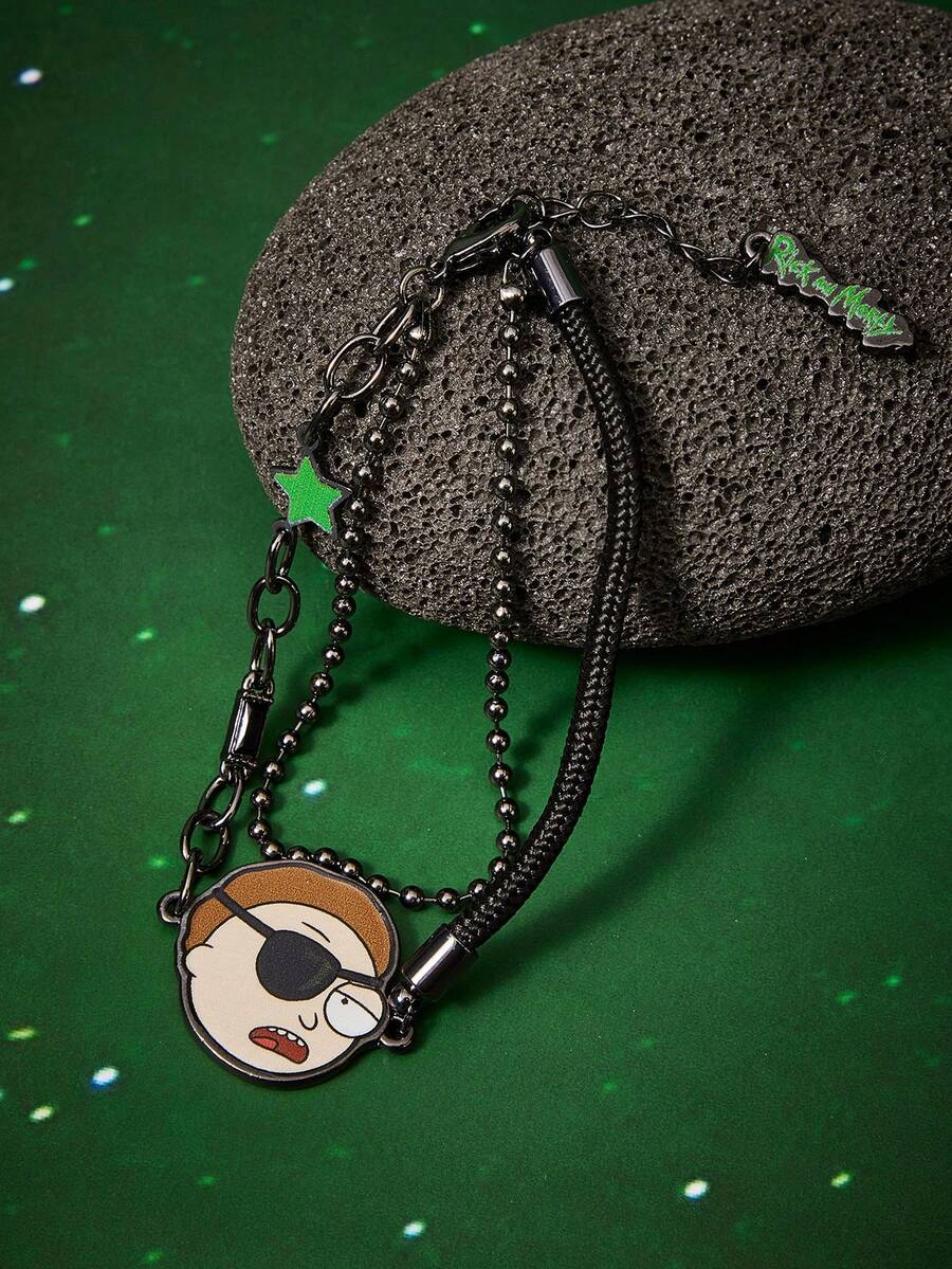 Rick and Morty X SHEIN 跨境热销锌合金卡通动物图案印花吊坠，链条和黑色绳子组合手链，小众高端感，简约大气，适合各种派对、音乐会、节日等场合。 - 槍黑色 - 查看 1
