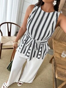 Weeklong 大码女式条纹撞色腰带休闲家居服及户外两件套，春夏款 - 彩色 - 查看 3
