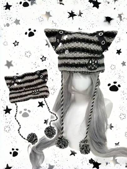 ROMWE Anime 1pc Black & White Patchwork Y2K Punk Style Star Decor Kawaii Cute Cat Paw Bow Knit Hat, Subculture Cat Paw Fashion Simple Design, Warm Accessory Suitable For Home, Outing, Commuting, Dating, Shopping
