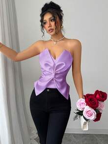 Rafferiza 情人节时尚蝴蝶结透明肩带红色拉链设计吊带衫 - 紫丁香色 - 查看 3