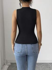 SHEIN Raffinéa 女士休闲优雅千禧年黑色透视网纱圆领无袖修身性感夏季背心，辣妹风必备单品，适合日常穿着/通勤/休闲度假/派对 - 黑色 - 查看 2