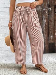 SHEIN VCAY Pantalones holgados de talla grande con cintura elástica y rayas - Marrón - Ver 5