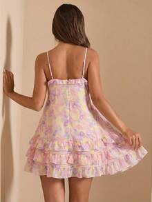 SHEIN BAE 碎花印花V领荷叶边下摆女士连衣裙，无袖碎花连衣裙，适合度假、海滩、早午餐、情人节、下午茶、休闲外出等场合。 - 淡黃色 - 查看 2