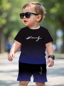 2pcs/Set Baby Boy Casual Gradient Letter Graphic Print Short Sleeve T-Shirt And Shorts Set, Comfortable Outfit For Spring, Summer And Autumn Boy Matching Short Set Short Set Baby Boy Ombre Set Baby Boy Short Set Boy Summer Outfit Set - Multicolor - View 5