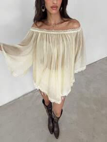 Aloruh Apricot Off Shoulder Sheer Top, Bohemian Style, Y2K Music Festival Open Shoulder Top, Solid Color Commuter Top, Easter, Beach For Woman, Summer For Women, Raves, Concert Women, Country Concert, Casual, Bohemia, Boho , Beach, Going Out Top, Vacation - Apricot - View 7