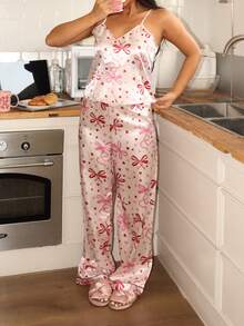 Lowkey Lull Bow & Heart Print Camisole Top & Pants Women Pajama Set - Multicolor - View 3
