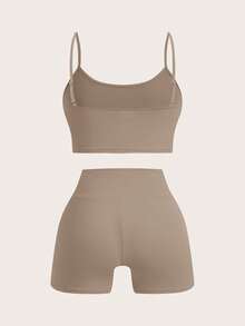 SHEIN EZwear New Spring/Summer Knitted Women Khaki Sports & Casual Multi-Piece Outdoor Suit Nude Two Piece Set Two Piece Set Curve Tights Two Piece Set Women Beige Two Piece Set Legging Two Piece Set - Khaki - View 4