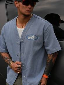 DAZY Men's Letter Print Short Sleeve Washed Denim Jacket, Summer - Blue - View 7