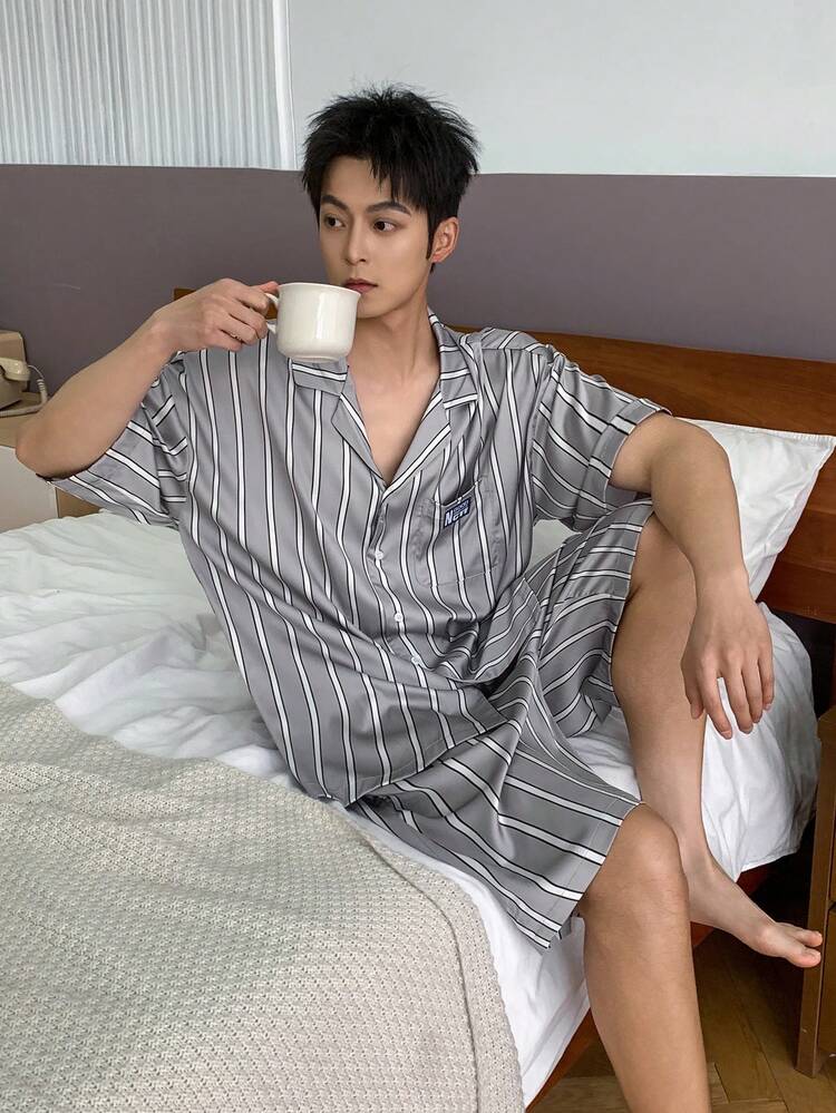 Men's Summer Short Sleeve Shirt And Shorts Pajama Set, Textured Fabric