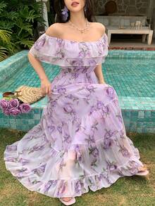 DAZY Women's Elegant Floral Ruffle Hem Strapless Mid-Length Dress, Summer Wedding Guest Dress - Purple - View 8