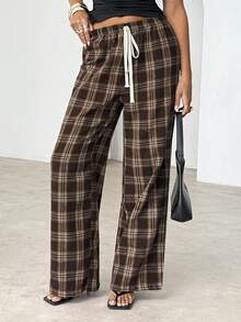 Siren Gaze Women's Casual Plaid Minimalist Daily Wear Pants - Coffee Brown - View 8