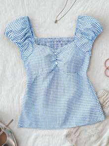 Siren Gaze 女士格子甜心领插肩袖褶皱休闲衬衫 蓝色夏季上衣 方格纹上衣 浅蓝色上衣 女士浅蓝色上衣 蓝白上衣 蓝色方格纹上衣 女士夏季上衣 泡泡袖上衣 夏季休闲上衣 女士衬衫 女士流行穿搭 女士夏季穿搭 女士夏季穿搭 夏季上衣搭配牛仔裤 女士春季穿搭 - 淺藍色 - 查看 6
