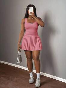 Slaydiva 新款春夏休闲基础款U领露背背心，黑色标签白色文字，百褶裙搭配短裤和阔腿裤，白色针织面料女士迷你连衣裙，百褶迷你连衣裙，网球裙，Y2K风格连衣裙，粉色连衣裙 - 藕粉色 - 查看 4