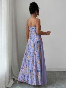 Elenzga Đầm dài hai dây in hoa dành cho nữ, kiểu dáng nghỉ hè. - Màu tím - Xem 2