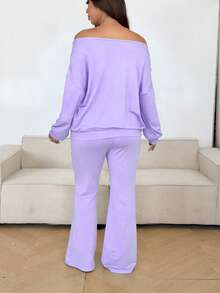 Sunnyshic Plus Size Women 1-Shoulder Long Sleeve Top And Flare Pants 2 Pieces Set - Mauve Purple - View 2