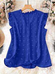 DreamSkyne Plus Size Solid Color Cap Sleeve V-Neck Ruffle Hem Simple Summer Shirt - Blue - View 2