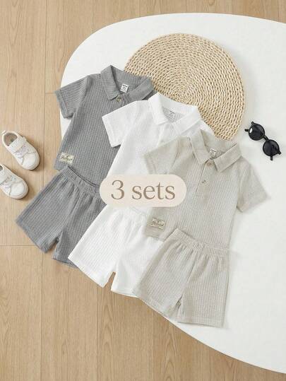 3 Packs Baby Boy Summer Outfits Waffle Knit Polo Shirt And Shorts Set - Solid Cotton Casual Short Sleeve Clothes For Toddler - White Grey Beige Vacation Beach Wear