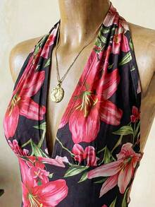 INAWLY Women's Summer Vacation Casual Printed Halter Backless Blouse - Hot Pink - View 5