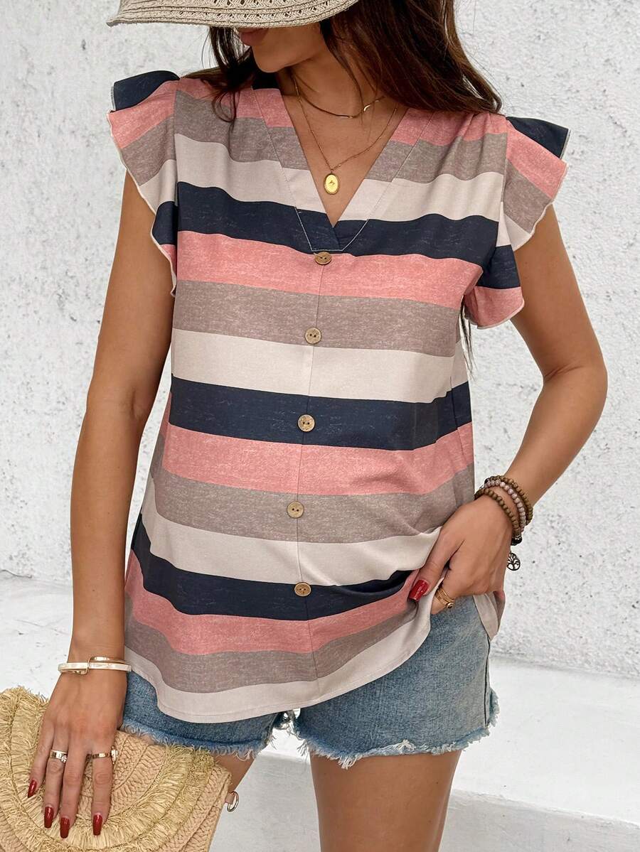 SHEIN Camisa de maternidad casual de cuello en V a rayas y manga corta - Multicolor - Ver 1