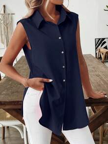 SHEIN LUNE Women's Elegant Casual Western Country Style Solid Black Mandarin Collar Short Sleeve Long Flared Hem Blouse - Royal Blue - View 3