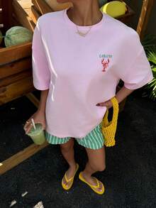 Veykashi Áo thun tay ngắn cổ tròn in hình tôm cỡ lớn, kiểu dáng rộng rãi thoải mái, phù hợp cho kỳ nghỉ biển. - Màu Hồng baby - Xem 2