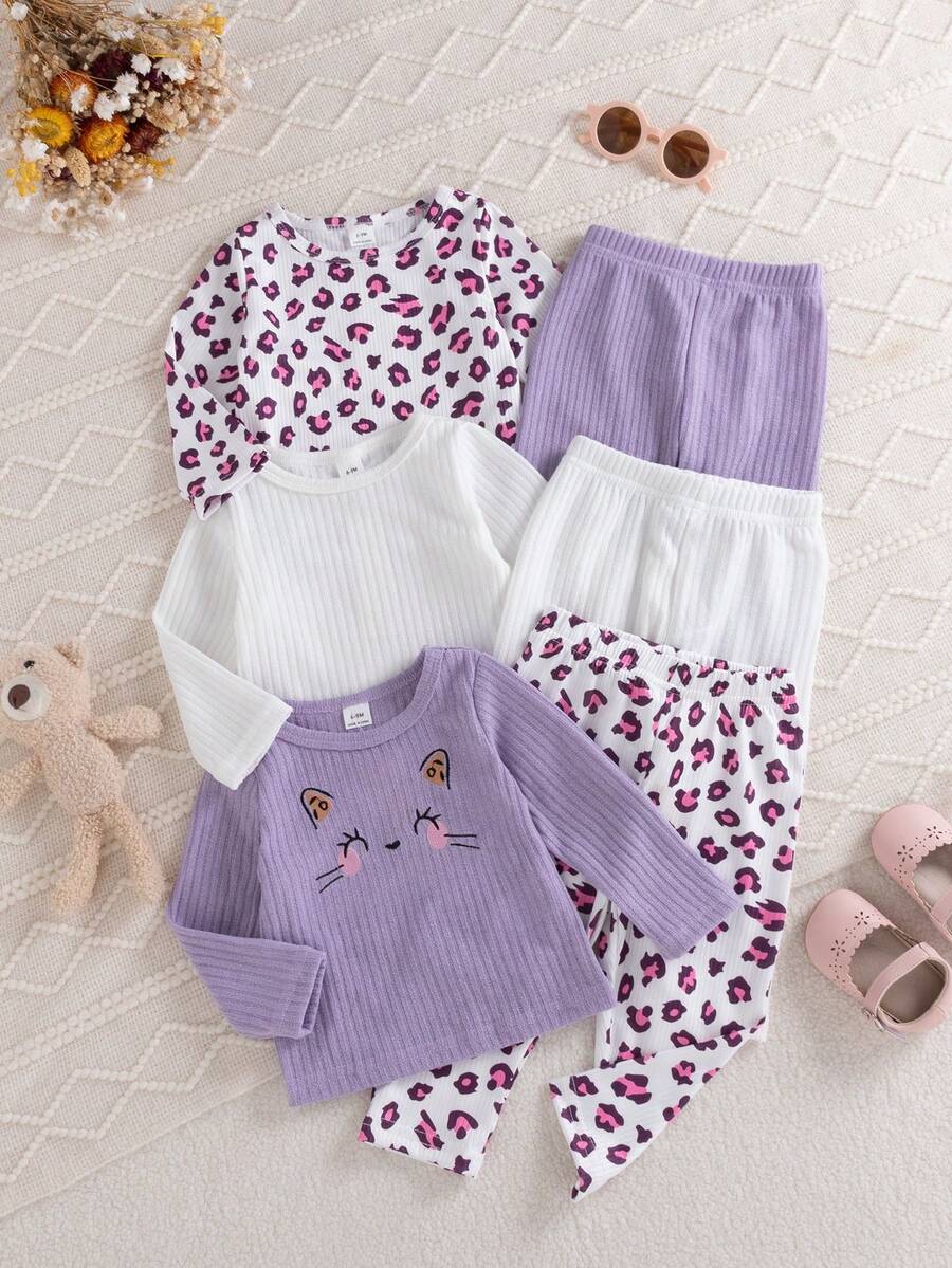 SHEIN Playful Pals Bộ 6 món cho bé gái sơ sinh mùa xuân và thu, kiểu dáng thường ngày, đơn giản, dễ thương, ngọt ngào với họa tiết da báo nâu, áo hồng/màu mơ phối cùng quần cùng màu, thích hợp cho đi học và mặc hàng ngày. - Nhiều màu - Xem 1