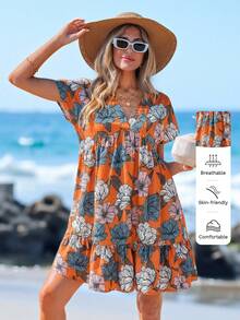 Sylviya Women's Casual Vacation Printed Round Neck Dress - Multicolor - View 5