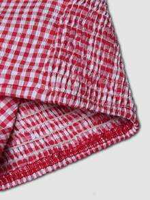 GlowEve Women's Plaid Square Collar Button Ruffle Bow Short Sleeve Blouse, Spring/Summer/Autumn - Red - View 4