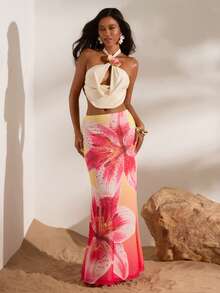 Opulessa 女士针织网眼印花鱼尾裙，春夏款 - 彩色 - 查看 3