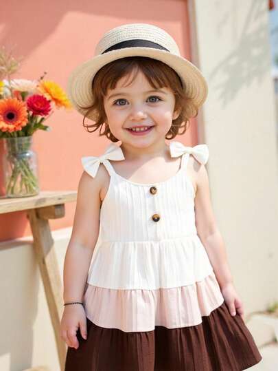 SHEIN 女婴拼布蝴蝶结装饰荷叶边休闲度假派对连衣裙