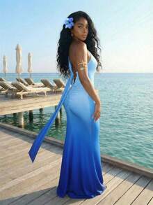 Slaydiva Nuevo vestido largo y ajustado de mujer de estilo azul degradado con un hombro y espalda descubierta, ideal para primavera/verano, festivales de música, estilo occidental, nómada, fiestas, fiestas en la piscina, ropa de resort sexy, cruceros, playa, tomar el sol, vacaciones, con un estilo elegante y romántico. - Azul - Ver 3