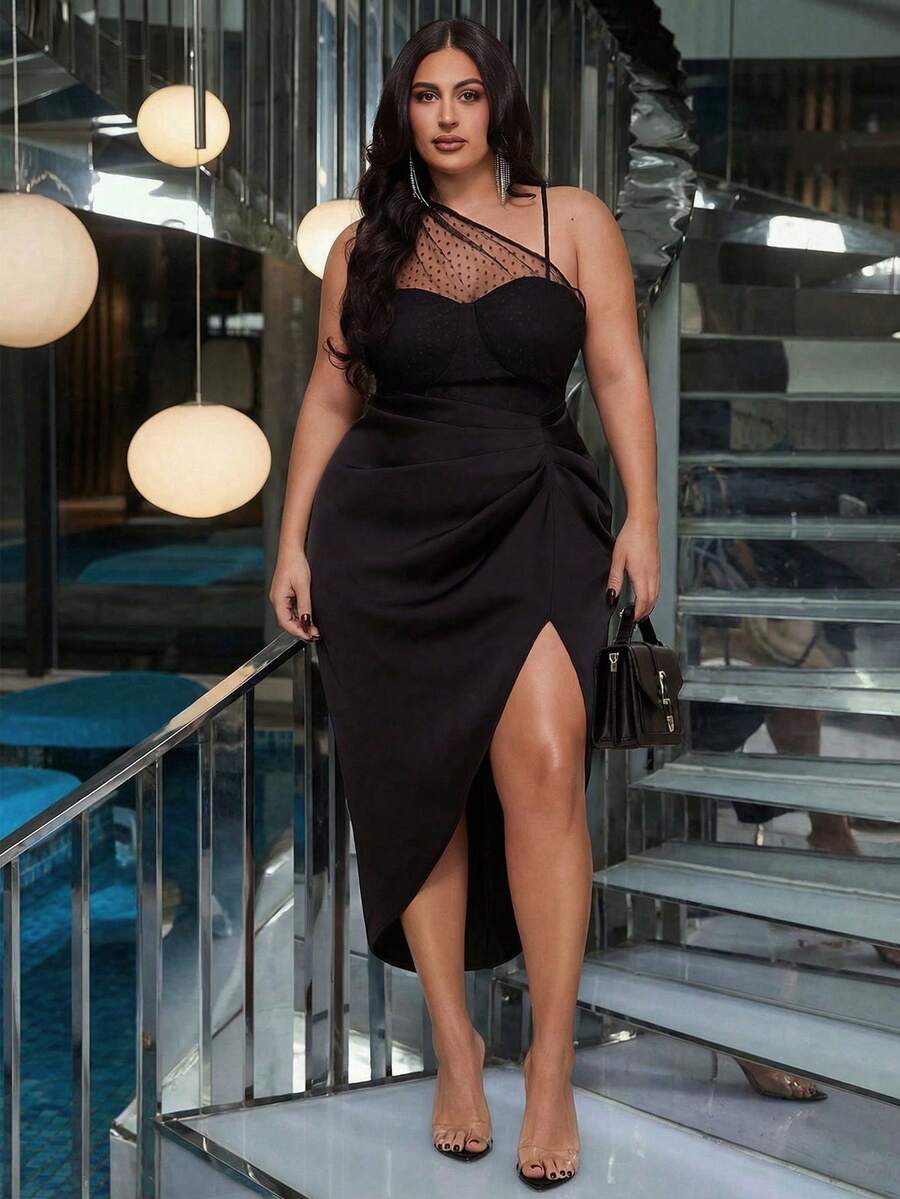 SHEIN BAE 大码女式黑色网纱开衩中长连衣裙 - 黑色 - 查看 1