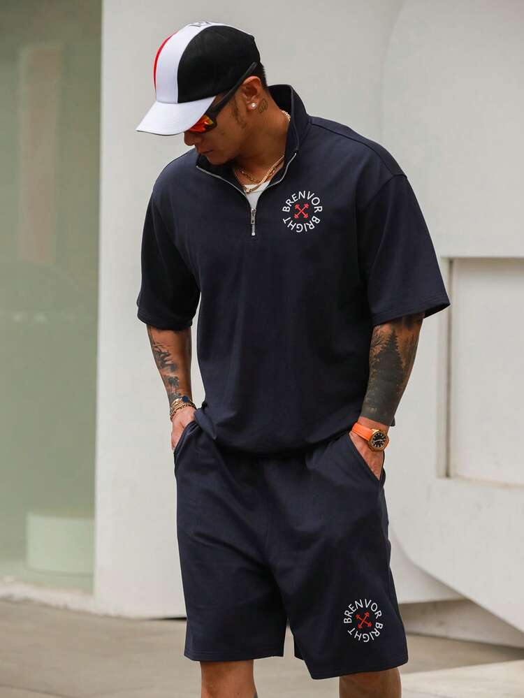 Navy Blue Long Sleeve Shirt And Shorts Set For Men, Spring/Summer