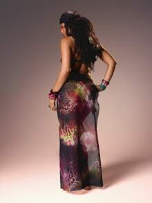 MISSGUIDED 波西米亚风雪纺沙滩罩衫纱笼裹裙套装，含配套头巾，花卉动物印花夏季度假沙滩装 - 彩色 - 查看 3