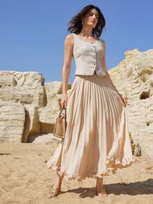 Dazy-Less 女士时尚优雅粗花呢单排扣无袖外套 - 卡其色 - 查看 3