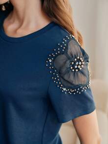 2026 Camiseta ajustada de mujer de manga corta con cuello redondo, diseño de hombros calados y cuentas de unicolor - Rosa - Ver 9